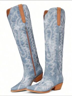 Denim Embroidered Knee-High Western Boots